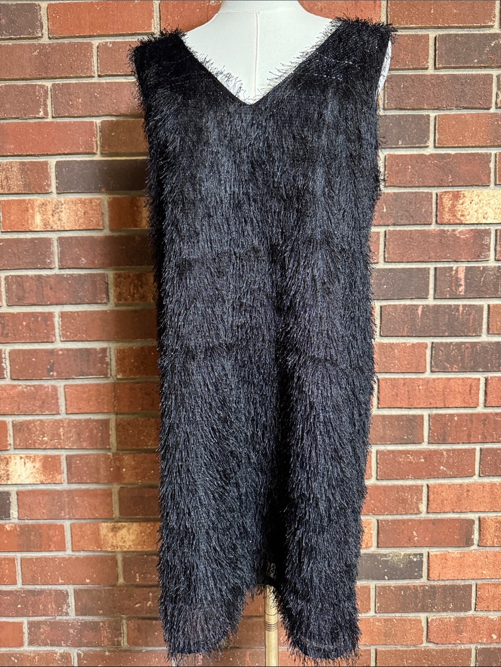Fashion Union Black Fuzzy V-Neck Sleeveless Dress Size 8